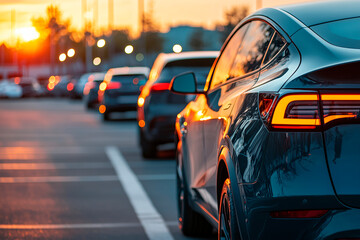 Car parked at outdoor parking lot. Used car for sale and rental service. Car insurance background. Automobile parking area. Car dealership and dealer agent concept. Automotive industry. Electric auto