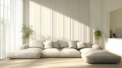 Cozy and inviting modern living room with a large comfortable sectional sofa minimalist stylish decor and bright natural light filtering through sheer curtains