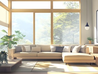 Spacious and Serene Living Room with Abundant Natural Lighting and Lush Greenery A Tranquil Haven for Relaxation and Rejuvenation