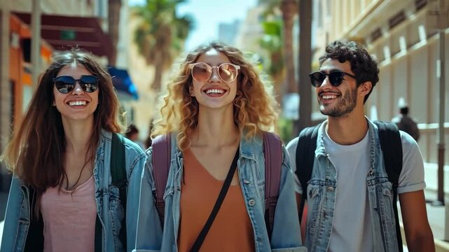 A group of friends strolling through the energetic streets of a city renowned for its acceptance of LGBTQ people and open minds.