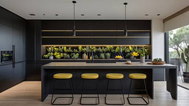 Modern kitchen with black cabinetry, sleek design, and a green plant backsplash, yellow stools, pendant lights.