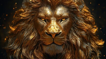 majestic golden lion head sculpture with intricate mane details fierce eyes and powerful jaw set against a dark background emanating strength and nobility