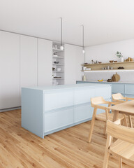 3D render of a bright and spacious Scandinavian-style kitchen.