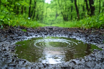 Fototapeta premium Rain Droplet Ripples in a Puddle on a Forest Path