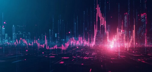 Abstract digital landscape featuring vibrant pink and blue lines and light effects, representing a futuristic vision of technology and data visualization.