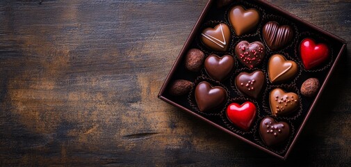 Obraz premium A decorative box filled with assorted heart-shaped chocolates offers an ideal luxury for gourmet indulgence, symbolizing friendship and kindness in every sweet texture