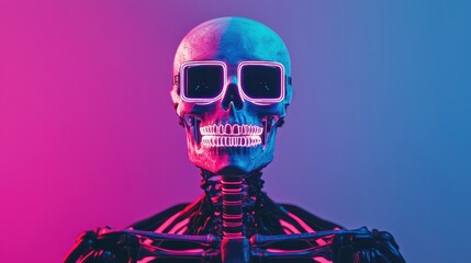 AI-powered skeleton costume with glowing neon bones, sleek futuristic design, and holographic joints, sci-fi, high-tech, bright neon hues. ,closes up