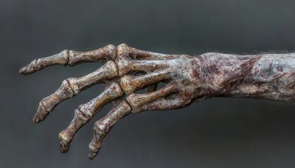 Fototapeta premium Detailed shot of a rotting zombie hand with peeling skin and exposed bones, Gothic horror, muted colors, textured and decayed. ,closes up