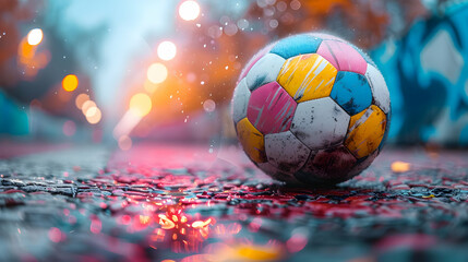 Naklejka premium Colorful Soccer Ball on Wet Pavement with Bokeh Lights