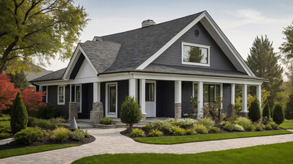 Modern single-story house with white exterior and landscaped front yard featuring lush green lawn.