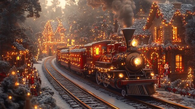 Santa's christmas train rolling through snowy village surrounded by christmas lights and decorated houses vibrant holiday card concept with festive winter atmosphere - Powered by Adobe