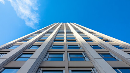 This image features a tall building with a bright blue sky in the background. The modern architecture and exterior design highlight the futuristic skyline. AI generative
