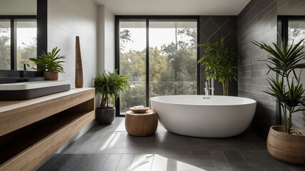 Modern bathroom with white tub, large windows, plants and wooden accents creating a serene environment.