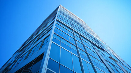A tall building rises high against the blue sky, showcasing modern urban architecture. AI generative
