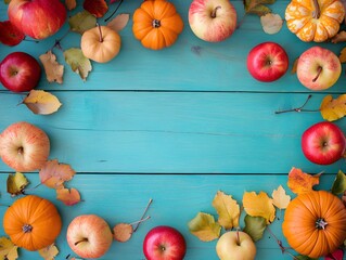 Autumn Harvest Frame with Pumpkins, Apples and Leaves