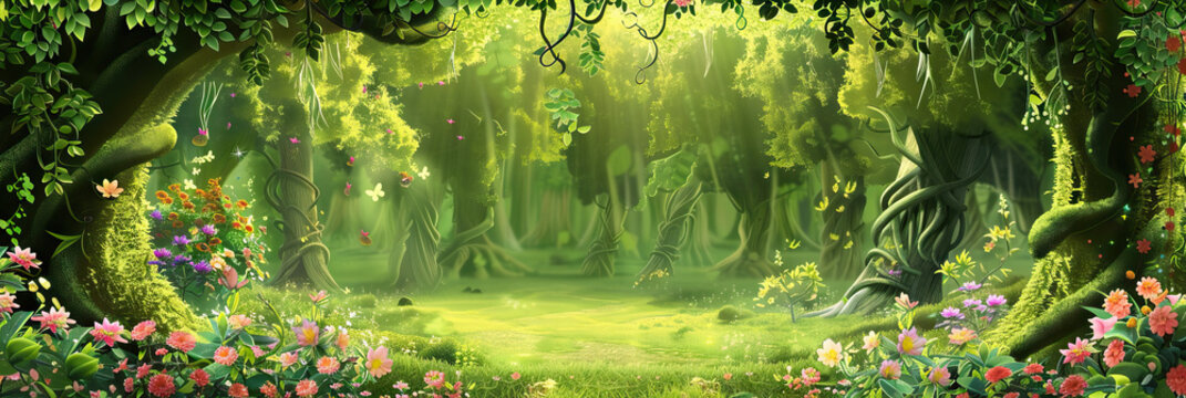 Forest Fantasia: A lush, green game show backdrop featuring trees, flowers, and vines intertwining with one another, creating a whimsical woodland setting that draws the audience in.