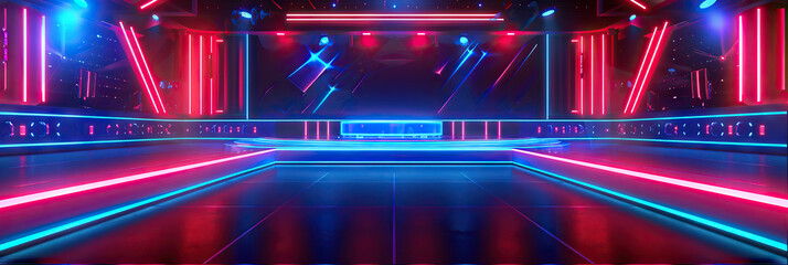 Vibrant Vibes: A neon-lit game show background with vibrant red and blue colors, designed for an energetic and exciting stage.