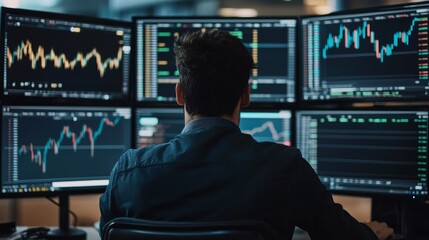 A trader in front of multiple monitors showing stock prices, day trading, financial strategy