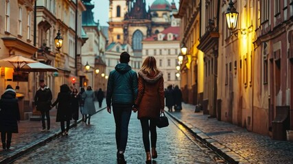 A pair holding hands while strolling through Prague's historic streets, which are well-known for their burgeoning friendly scene in the Czech Republic.