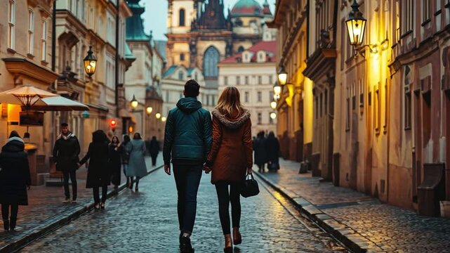A pair holding hands while strolling through Prague's historic streets, which are well-known for their burgeoning friendly scene in the Czech Republic.
