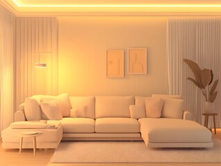 Fototapeta premium Cozy and inviting modern living room with a large comfortable sectional sofa and minimalist stylish decor in warm tones soft lighting and a Scandinavian aesthetic