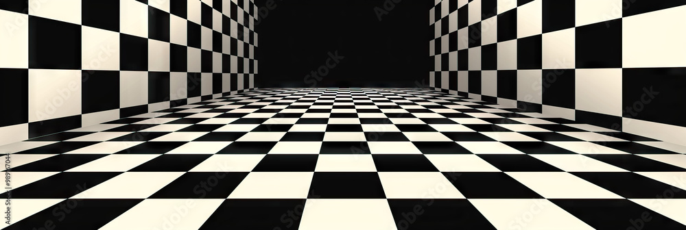Poster retro reflection: a classic game show backdrop with a black-and-white checkered pattern, adding a no
