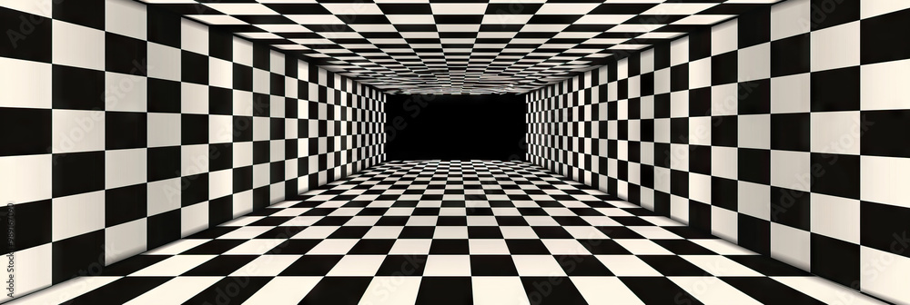 Poster retro reflection: a classic game show backdrop with a black-and-white checkered pattern, adding a no
