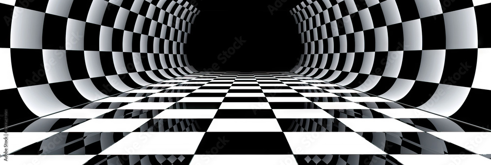 Poster retro reflection: a classic game show backdrop with a black-and-white checkered pattern, adding a no