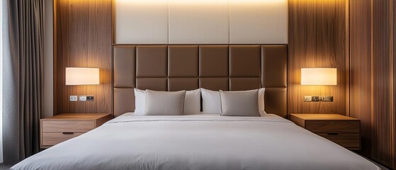 Elegant bedroom design with custom leather headboard and bespoke wooden furniture, soft ambient lighting, interior design, tailored craftsmanship