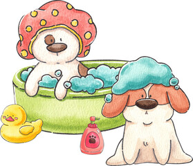Dog soaking in a tub with a yellow rubber duck and another dog with bubbles on its head, hand-drawn watercolor painting illustration