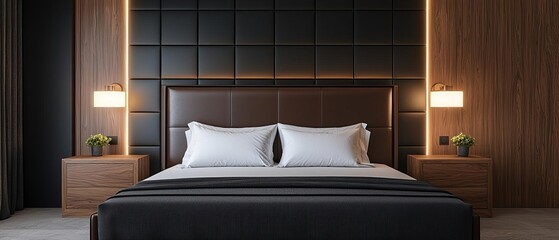 Elegant bedroom design with custom leather headboard and bespoke wooden furniture, soft ambient lighting, interior design, tailored craftsmanship