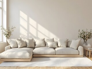 Cozy and inviting modern living room with a large comfortable sectional sofa and minimalist stylish decor  The bright morning light cascades in creating a warm wood toned