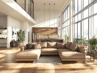 Fototapeta premium Stunning and Spacious Open Concept Living Room Design Featuring a Sleek Sectional Sofa Minimalist Decor and Large Windows Allowing Abundant Natural Illumination for a Warm and Inviting Ambiance