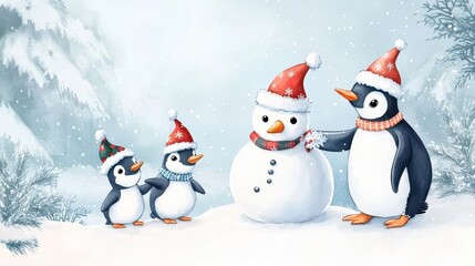 Fototapeta premium Penguin family building a snowman, festive hats, watercolor style