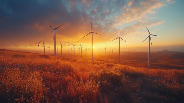 majestic wind farm at golden hour rows of towering turbines rolling hills dramatic sky with wispy clouds warm sunlight glinting off blades sense of clean energy