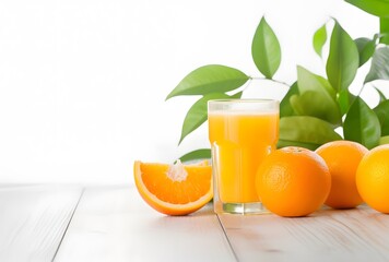 Naklejka premium Fresh Orange Juice with Oranges and Leaves