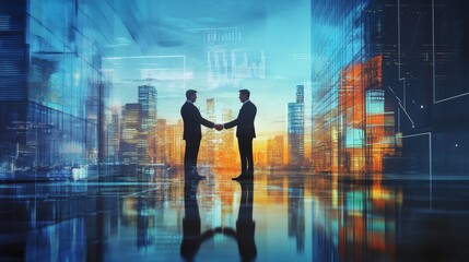 Corporate leaders from different sectors shaking hands, holographic charts showing terms, urban skyline, Modern, 3D rendering