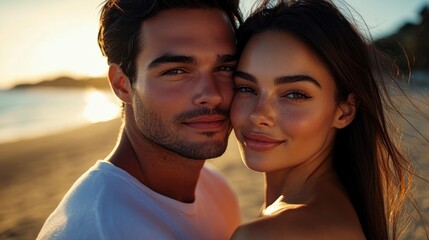 Obraz premium Close up portrait of latin man and woman model couple on the beach feeling lovely