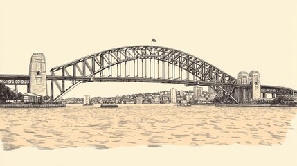 Obraz premium A handdrawn postcard of the Sydney Harbour Bridge, featuring retro fonts and sepiatoned colors