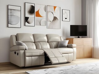 Chic and Stylish Contemporary Living Room with a Leather Reclining Sofa Floating Media Unit and a Modern Abstract Gallery Wall  Showcasing a Refined and Functional Interior Design