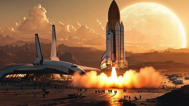 A spaceport with travelers boarding spacecraft for interplanetary vacations, sleek shuttles lined up for departure.