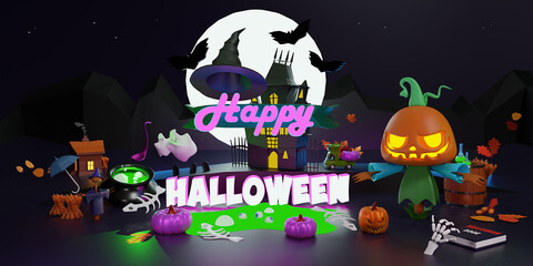 Halloween background. Holiday Halloween poster, web banner, greeting card, cover for party invitation. Bright realistic 3d pumpkins.