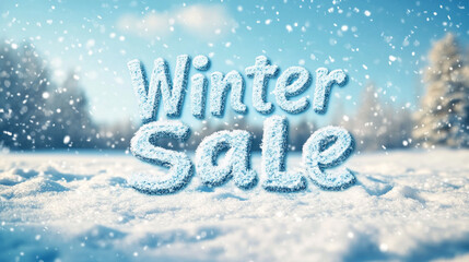 3D Typography of the text "WINTER SALE" with blue colors and abstract backgrounds