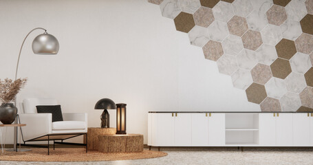 Mockup Cabinet on living room modern style with hexagon tiles wall background.3D rendering