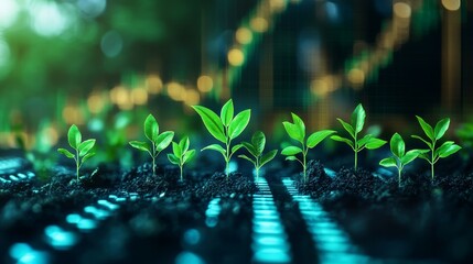 Dividend stocks as growing plants in a digital garden, technology, finance