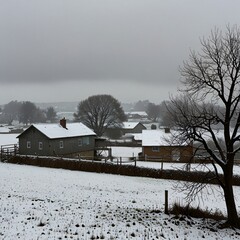 A snow-covered countryside during a winter rain shower, raindrops pattering on snow-covered rooftops and tree branches, with mist rising from the fields in the distance