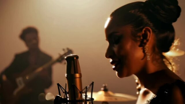 An elegant black female jazz singer captivates the audience with her soulful performance, standing close to the microphone