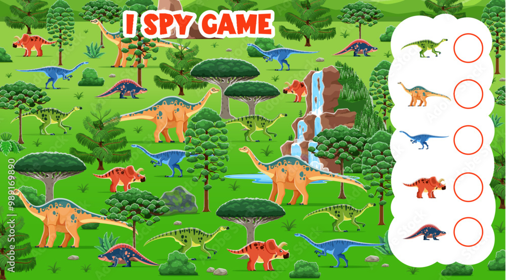 Poster i spy game worksheet with prehistoric dinosaurs, cartoon vector puzzle for kids. i spy game quiz to 