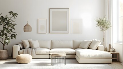 Fototapeta premium Bright and airy of a modern Scandinavian inspired living room with a comfortable oversized sectional neutral color scheme enhanced by pops of color minimalist decor ample natural light and a serene
