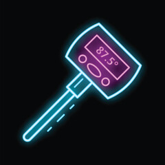 Electronic infrared thermometer showing high temperature with blue and pink neon light on a black background